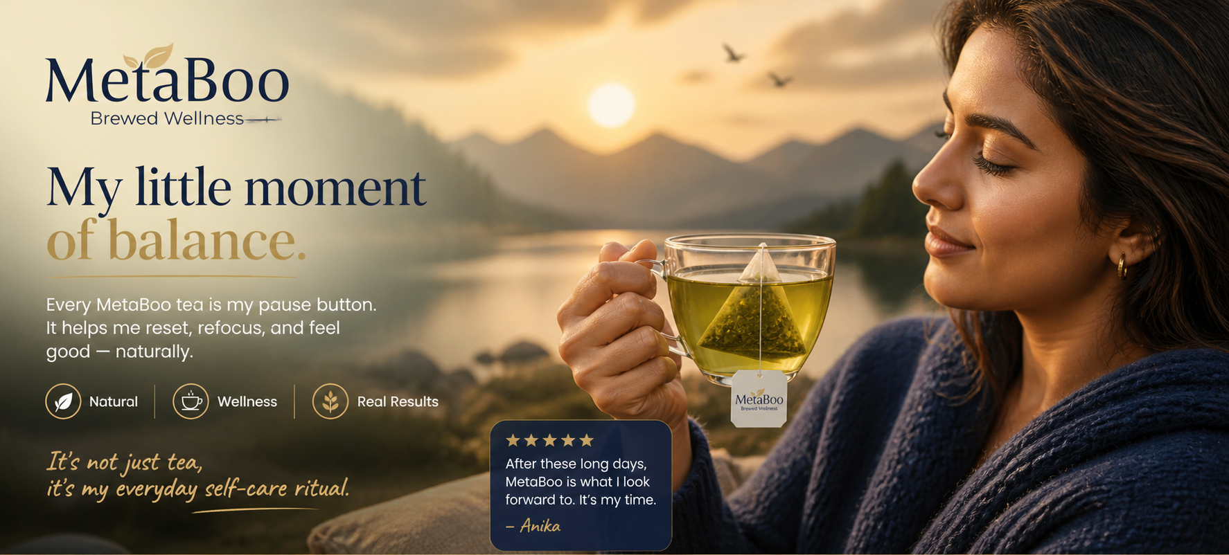 Woman holding a mug of tea with scenic background and MetaBoo branding