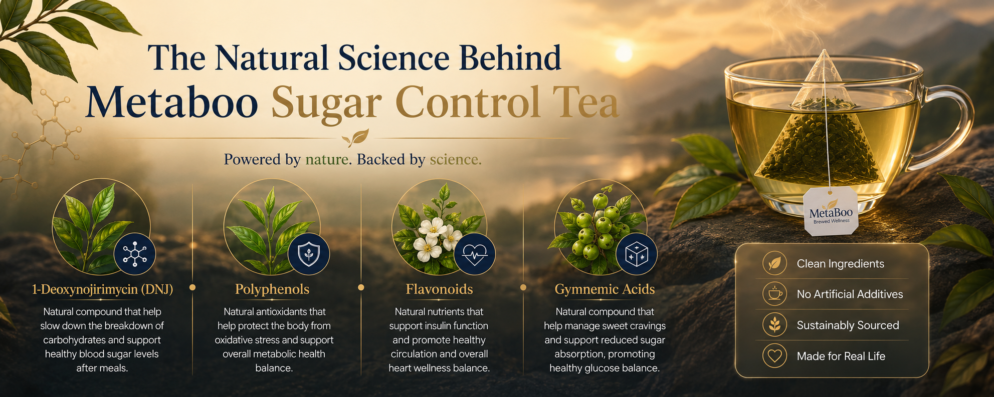 Promotional graphic for Metaboo Sugar Control Tea with natural science details and a scenic background.